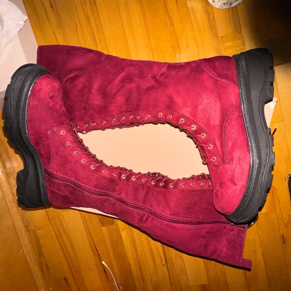 JustFab New Faux suede Burgundy chunky sole Tall lace & zipper Boots Size 9.5